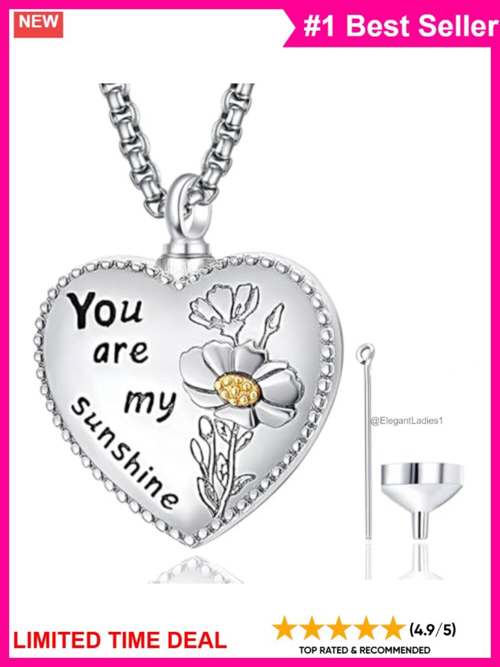 Sterling Silver Heart Urn Necklace Sunflower Memorial Pendant 20" Chain